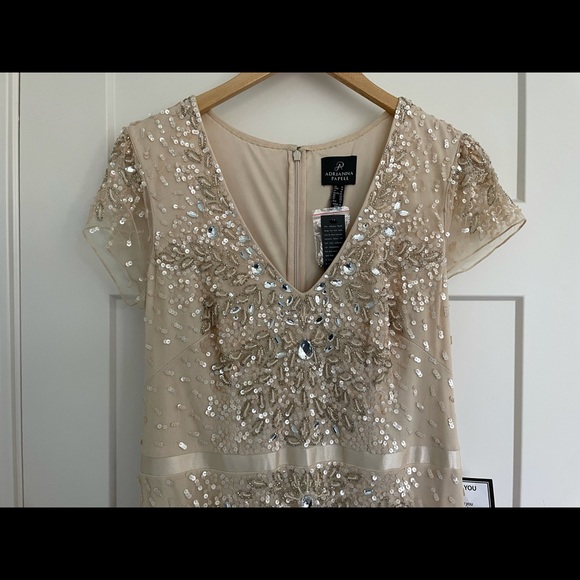 Sz 14 Adrianna Papell beaded chiffon floor-length gown, Almond color, NWT - Picture 5 of 15
